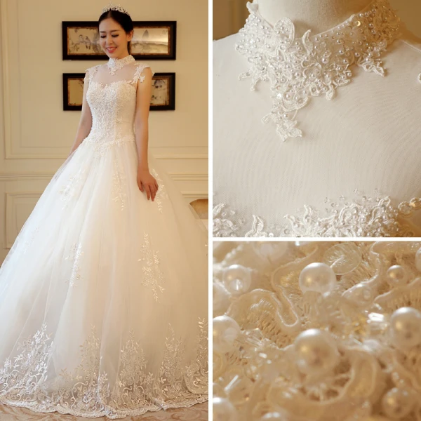 Luxury / Gorgeous Chinese style Ivory See-through Wedding Dresses 2018 A-Line / Princess High Neck Sleeveless Backless Appliques Lace Pearl Beading Ruffle Chapel Train