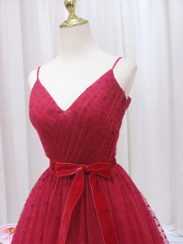 Chic / Belle Tachetée Bordeaux Robe De Bal 2024 Princesse Bretelles Spaghetti Sans Manches Dos Nu Noeud Ceinture Longue Robe De Ceremonie