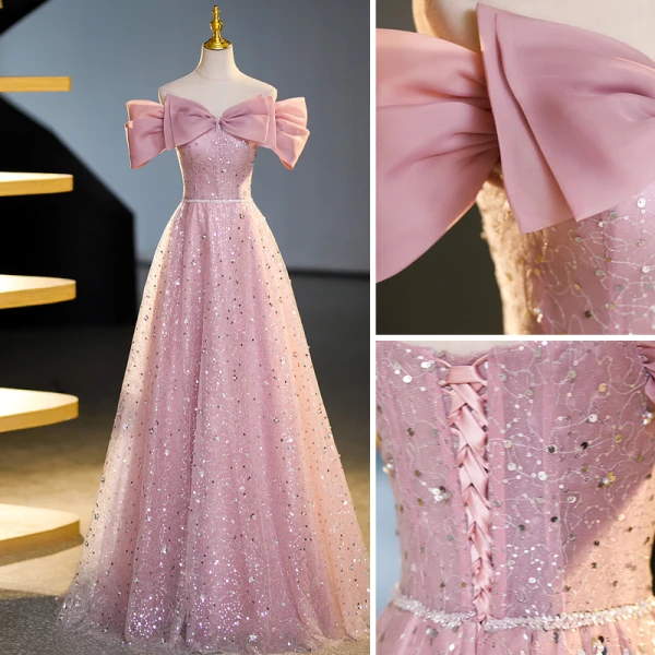 Scintillantes Rougissant Rose Perlage Paillettes Robe De Bal 2023 Princesse De l'épaule Manches Courtes Dos Nu Longue Promo Robe De Ceremonie
