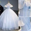 Fashion Sky Blue Sequins Prom Dresses 2023 Ball Gown Off-The-Shoulder Short Sleeve Backless Floor-Length / Long Prom Formal Dresses