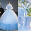 Elegant Sky Blue Beading Lace Flower Prom Dresses 2023 Ball Gown Ruffle Off-The-Shoulder Short Sleeve Backless Bow Sash Floor-Length / Long Prom