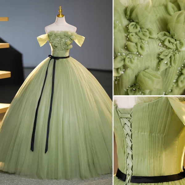 Elegant Sage Green Beading Sequins Prom Dresses 2023 Ball Gown Off-The-Shoulder Short Sleeve Backless Bow Sash Floor-Length / Long Prom Formal Dresses