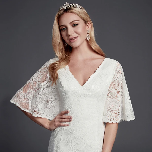 Modest / Simple Ivory Wedding Dresses 2020 Trumpet / Mermaid V-Neck 1/2 Sleeves Appliques Backless Embroidered Wedding