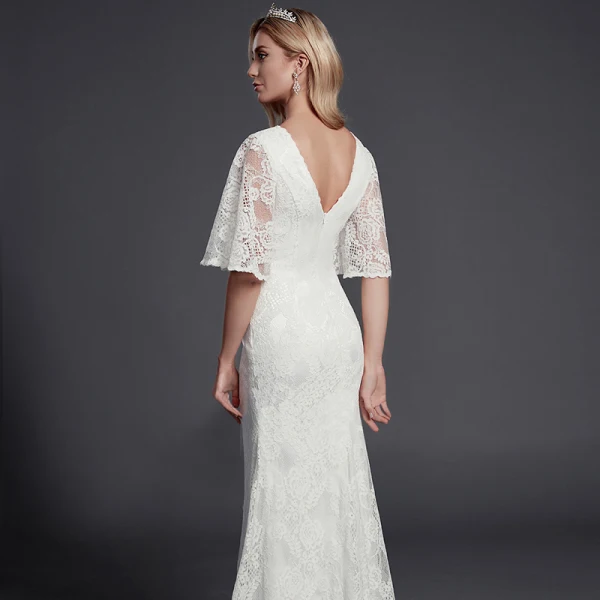 Modest / Simple Ivory Wedding Dresses 2020 Trumpet / Mermaid V-Neck 1/2 Sleeves Appliques Backless Embroidered Wedding