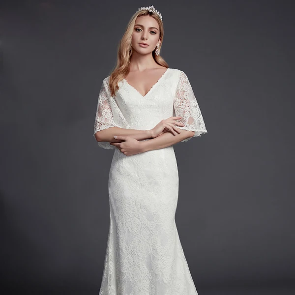 Modest / Simple Ivory Wedding Dresses 2020 Trumpet / Mermaid V-Neck 1/2 Sleeves Appliques Backless Embroidered Wedding