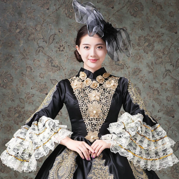 Vintage / Retro Medieval Black Ball Gown Prom Dresses 2021 High Neck Long Sleeve Zipper Up Floor-Length / Long 3D Lace Embroidered Flower Appliques Cosplay Prom Formal Dresses