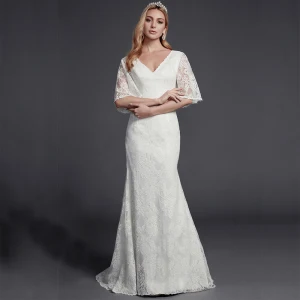 Modest Simple Ivory Wedding Dresses 2020 Trumpet Mermaid V Neck 1 2 Sleeves Appliques Backless Embroidered Wedding