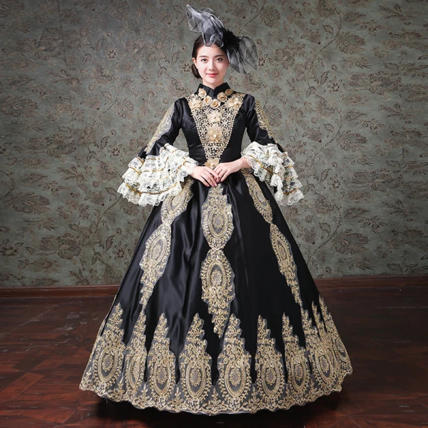 Vintage / Retro Medieval Black Ball Gown Prom Dresses 2021 High Neck Long Sleeve Zipper Up Floor-Length / Long 3D Lace Embroidered Flower Appliques Cosplay Prom Formal Dresses