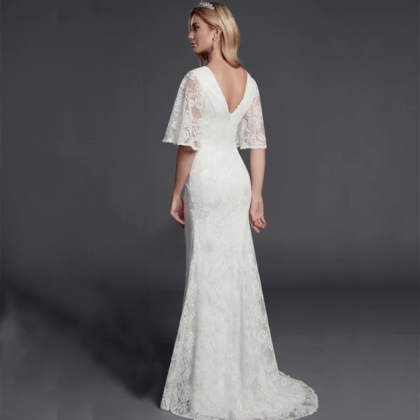 Modest / Simple Ivory Wedding Dresses 2020 Trumpet / Mermaid V-Neck 1/2 Sleeves Appliques Backless Embroidered Wedding
