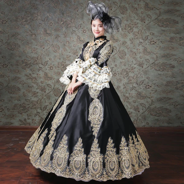 Vintage / Retro Medieval Black Ball Gown Prom Dresses 2021 High Neck Long Sleeve Zipper Up Floor-Length / Long 3D Lace Embroidered Flower Appliques Cosplay Prom Formal Dresses