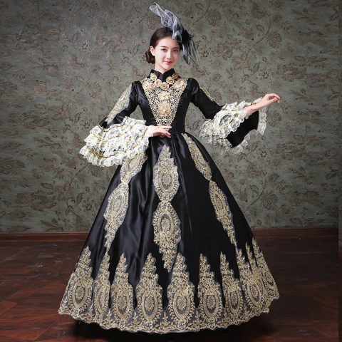 Vintage / Retro Medieval Black Ball Gown Prom Dresses 2021 High Neck Long Sleeve Zipper Up Floor-Length / Long 3D Lace Embroidered Flower Appliques Cosplay Prom Formal Dresses