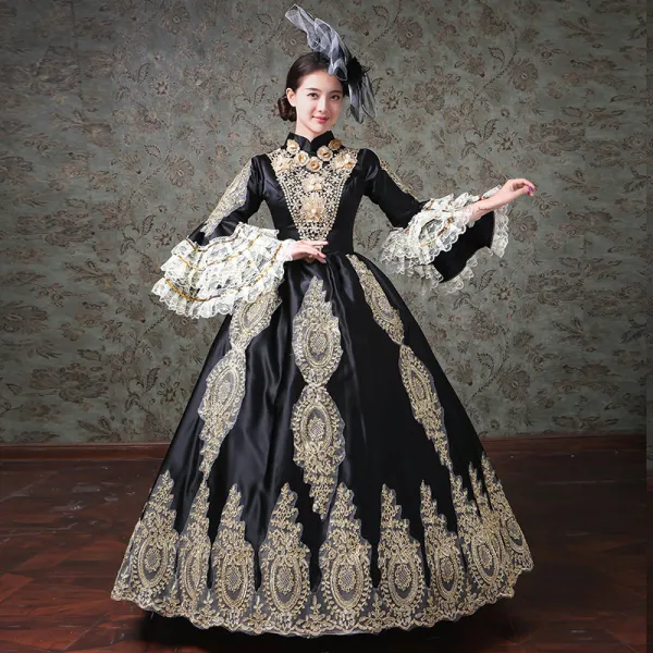 Vintage / Retro Medieval Black Ball Gown Prom Dresses 2021 High Neck Long Sleeve Zipper Up Floor-Length / Long 3D Lace Embroidered Flower Appliques Cosplay Prom Formal Dresses