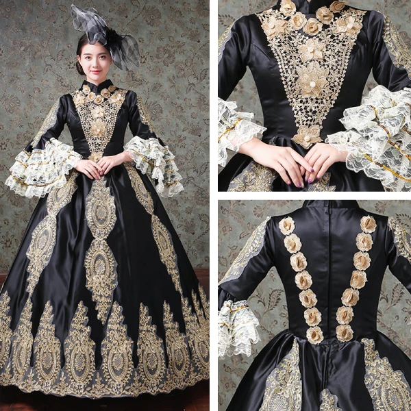 Vintage / Retro Medieval Black Ball Gown Prom Dresses 2021 High Neck Long Sleeve Zipper Up Floor-Length / Long 3D Lace Embroidered Flower Appliques Cosplay Prom Formal Dresses