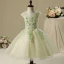 Chic / Beautiful Hall Wedding Party Dresses 2017 Flower Girl Dresses Sage Green Short Ball Gown Cascading Ruffles Short Sleeve Scoop Neck Lace Appliques Flower Pearl