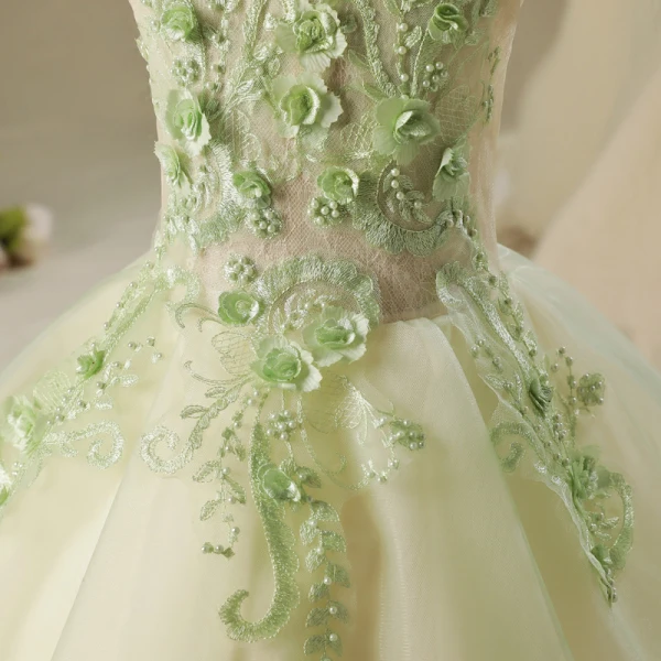 Chic / Beautiful Hall Wedding Party Dresses 2017 Flower Girl Dresses Sage Green Short Ball Gown Cascading Ruffles Short Sleeve Scoop Neck Lace Appliques Flower Pearl