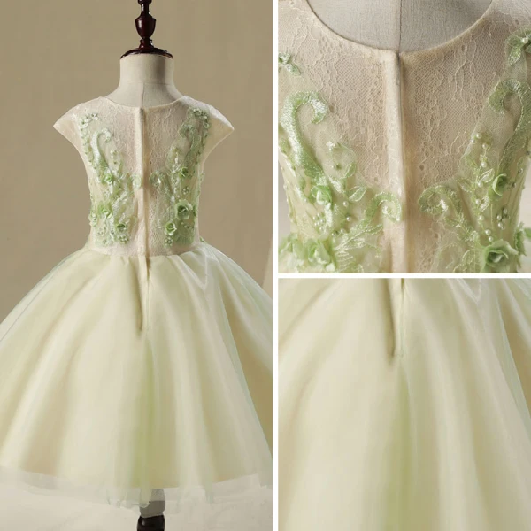 Chic / Beautiful Hall Wedding Party Dresses 2017 Flower Girl Dresses Sage Green Short Ball Gown Cascading Ruffles Short Sleeve Scoop Neck Lace Appliques Flower Pearl