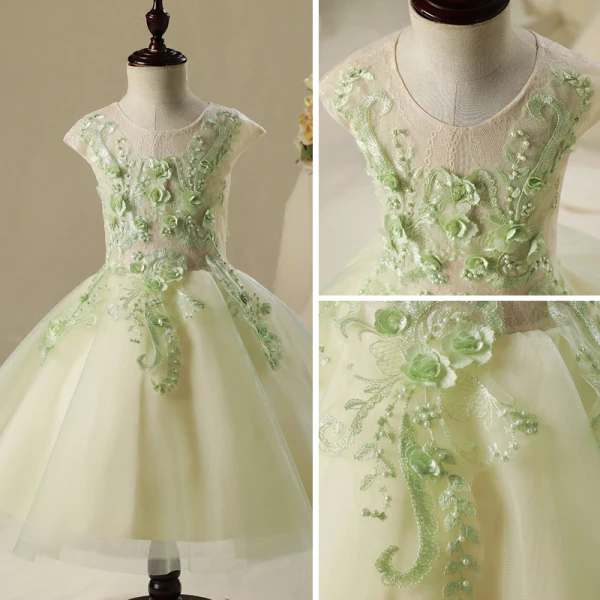Chic / Beautiful Hall Wedding Party Dresses 2017 Flower Girl Dresses Sage Green Short Ball Gown Cascading Ruffles Short Sleeve Scoop Neck Lace Appliques Flower Pearl