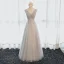 Chic / Beautiful Hall Formal Dresses 2017 Evening Dresses  Grey Floor-Length / Long A-Line / Princess Cascading Ruffles V-Neck Sleeveless Backless Lace Appliques Flower Pearl Beading Sequins