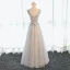 Chic / Beautiful Hall Formal Dresses 2017 Evening Dresses  Grey Floor-Length / Long A-Line / Princess Cascading Ruffles V-Neck Sleeveless Backless Lace Appliques Flower Pearl Beading Sequins