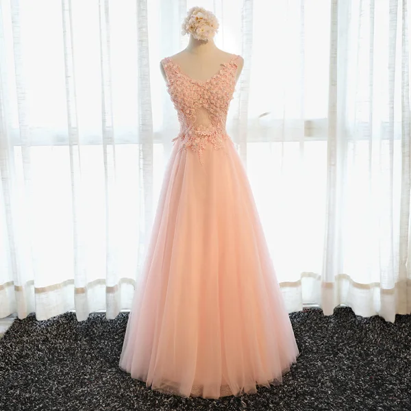 Chic / Beautiful Hall Formal Dresses 2017 Evening Dresses Grey Floor-Length / Long A-Line / Princess Cascading Ruffles V-Neck Sleeveless Backless Lace Appliques Flower Pearl Beading Sequins
