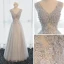 Chic / Beautiful Hall Formal Dresses 2017 Evening Dresses  Grey Floor-Length / Long A-Line / Princess Cascading Ruffles V-Neck Sleeveless Backless Lace Appliques Flower Pearl Beading Sequins