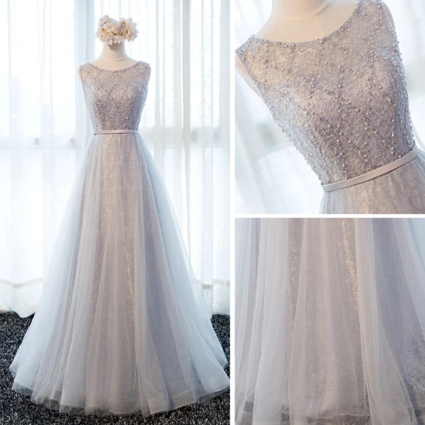 Chic / Belle Salle Robe De Ceremonie 2017 Robe De Soirée Gris Longue Princesse Volants en Cascade Ceinture Encolure Dégagée Sans Manches Dos Nu En Dentelle Appliques Perlage Perle