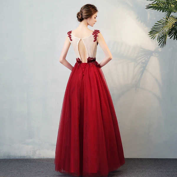 Chic / Beautiful Evening Party Formal Dresses 2017 Evening Dresses Burgundy Floor-Length / Long A-Line / Princess Cascading Ruffles Scoop Neck Sleeveless Backless Bow Sash Lace Appliques Crystal
