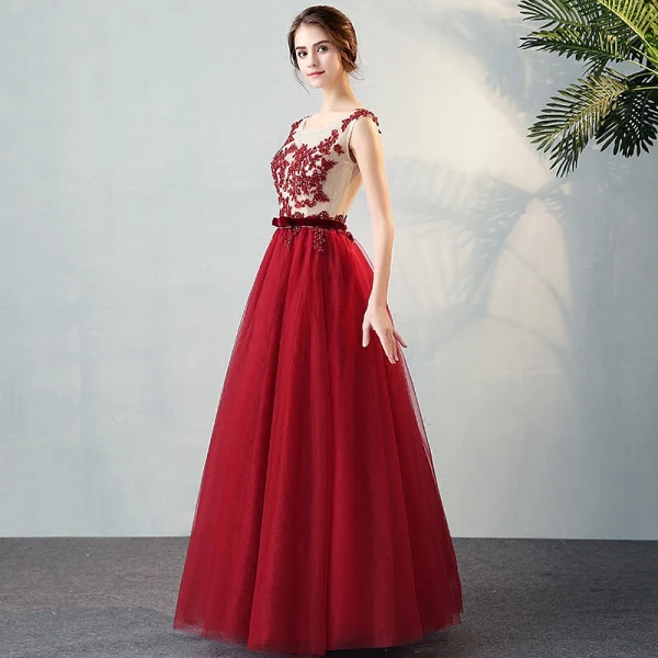 Chic / Beautiful Evening Party Formal Dresses 2017 Evening Dresses Burgundy Floor-Length / Long A-Line / Princess Cascading Ruffles Scoop Neck Sleeveless Backless Bow Sash Lace Appliques Crystal