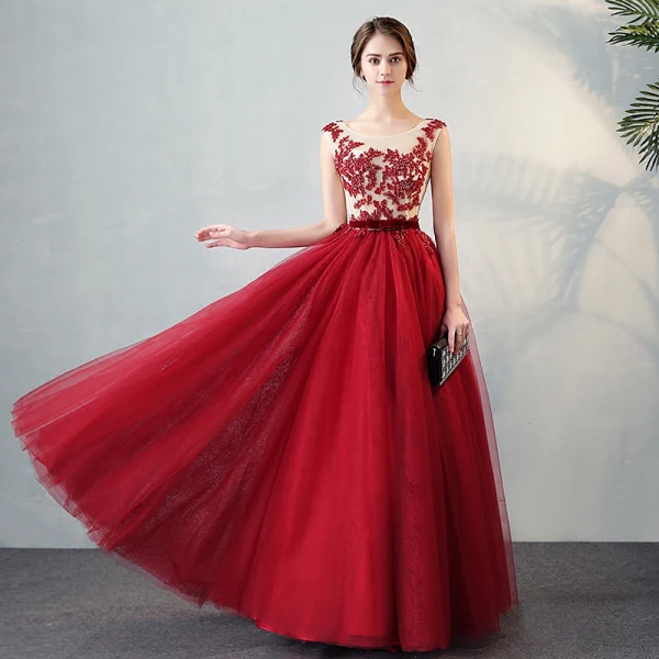 Chic / Beautiful Evening Party Formal Dresses 2017 Evening Dresses Burgundy Floor-Length / Long A-Line / Princess Cascading Ruffles Scoop Neck Sleeveless Backless Bow Sash Lace Appliques Crystal