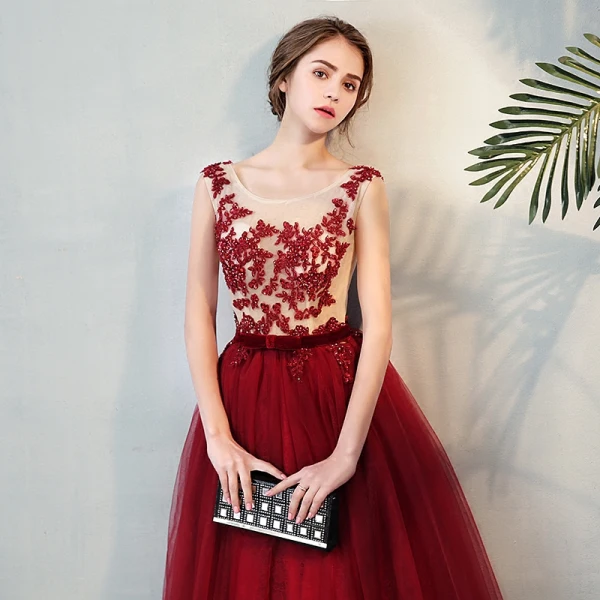 Chic / Beautiful Evening Party Formal Dresses 2017 Evening Dresses Burgundy Floor-Length / Long A-Line / Princess Cascading Ruffles Scoop Neck Sleeveless Backless Bow Sash Lace Appliques Crystal