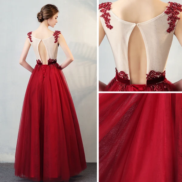 Chic / Beautiful Evening Party Formal Dresses 2017 Evening Dresses Burgundy Floor-Length / Long A-Line / Princess Cascading Ruffles Scoop Neck Sleeveless Backless Bow Sash Lace Appliques Crystal