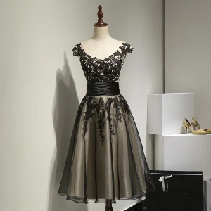 Fine Hall Formelle Kjoler 2017 Festkjoler Svart Knelengde Prinsesse Scoop Halsen Ryggløse Uten Ermer Sash Blonder Appliques