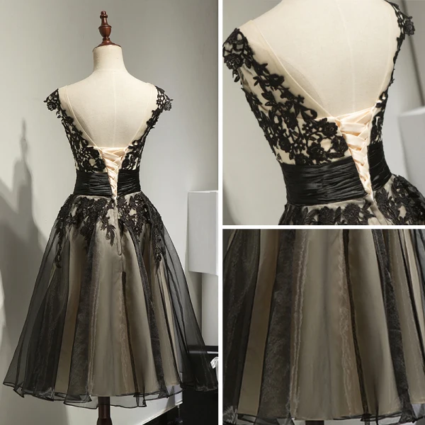 Chic / Beautiful Hall Formal Dresses 2017 Party Dresses Black Knee-Length A-Line / Princess Scoop Neck Backless Sleeveless Sash Lace Appliques