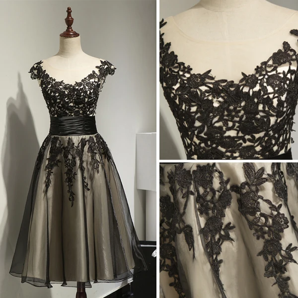 Chic / Beautiful Hall Formal Dresses 2017 Party Dresses Black Knee-Length A-Line / Princess Scoop Neck Backless Sleeveless Sash Lace Appliques
