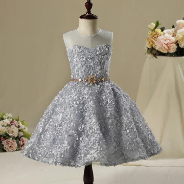 Chic Beautiful Hall Wedding Party Dresses 2017 Flower Girl Dresses Silver Short A Line Princess Scoop Neck Sleeveless Rhinestone Metal Sash Appliques Flower