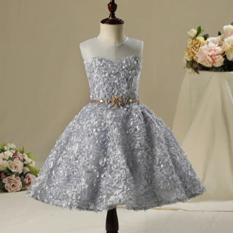 Chic Beautiful Hall Wedding Party Dresses 2017 Flower Girl Dresses Silver Short A Line Princess Scoop Neck Sleeveless Rhinestone Metal Sash Appliques Flower