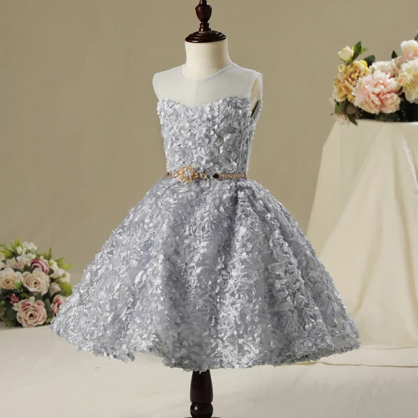 Chic / Beautiful Hall Wedding Party Dresses 2017 Flower Girl Dresses Silver Short A-Line / Princess Scoop Neck Sleeveless Rhinestone Metal Sash Appliques Flower