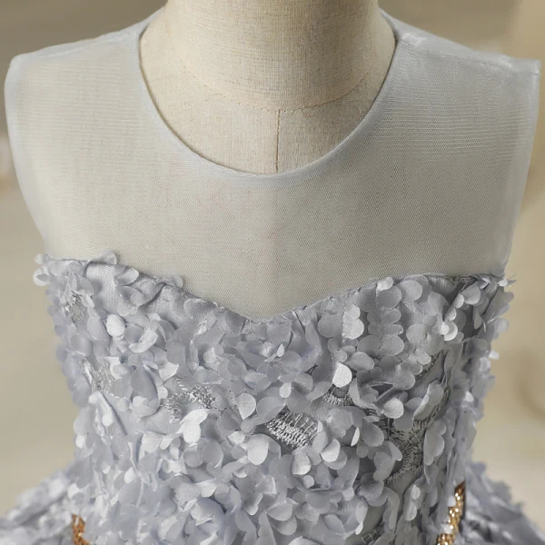 Chic / Beautiful Hall Wedding Party Dresses 2017 Flower Girl Dresses Silver Short A-Line / Princess Scoop Neck Sleeveless Rhinestone Metal Sash Appliques Flower