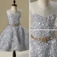 Chic / Beautiful Hall Wedding Party Dresses 2017 Flower Girl Dresses Silver Short A-Line / Princess Scoop Neck Sleeveless Rhinestone Metal Sash Appliques Flower