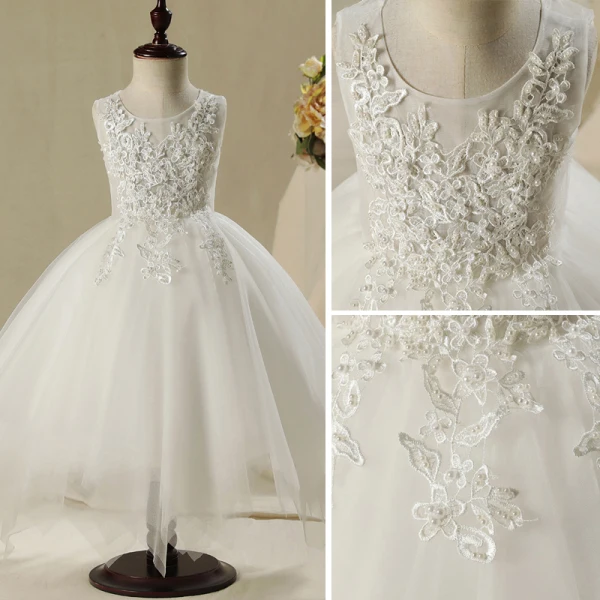 Schöne Kirche Kleider Für Hochzeit 2017 Mädchenkleider Weiß Asymmetrisch Ballkleid Fallende Rüsche Rundhalsausschnitt Ärmellos Perle Applikationen Blumen
