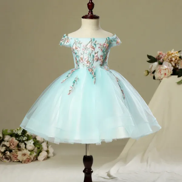 Chic / Beautiful Hall Wedding Party Dresses 2017 Flower Girl Dresses Sky Blue Short Ball Gown Cascading Ruffles Off-The-Shoulder Backless Short Sleeve Rhinestone Pearl Appliques Flower