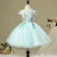 Chic / Belle Salle Robe Pour Mariage 2017 Robe Ceremonie Fille Bleu Ciel Courte Robe Boule Volants en Cascade De l'épaule Dos Nu Manches Courtes Faux Diamant Perle Appliques Fleur