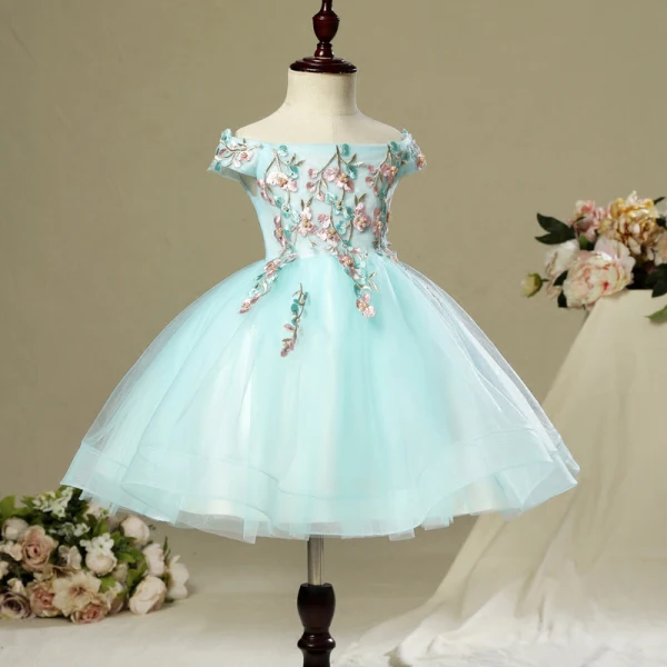 Chic / Belle Salle Robe Pour Mariage 2017 Robe Ceremonie Fille Bleu Ciel Courte Robe Boule Volants en Cascade De l'épaule Dos Nu Manches Courtes Faux Diamant Perle Appliques Fleur