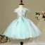 Chic / Belle Salle Robe Pour Mariage 2017 Robe Ceremonie Fille Bleu Ciel Courte Robe Boule Volants en Cascade De l'épaule Dos Nu Manches Courtes Faux Diamant Perle Appliques Fleur