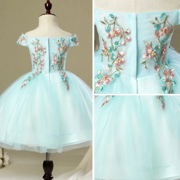 Chic / Belle Salle Robe Pour Mariage 2017 Robe Ceremonie Fille Bleu Ciel Courte Robe Boule Volants en Cascade De l'épaule Dos Nu Manches Courtes Faux Diamant Perle Appliques Fleur