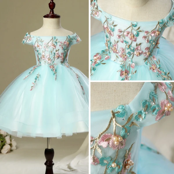 Chic / Belle Salle Robe Pour Mariage 2017 Robe Ceremonie Fille Bleu Ciel Courte Robe Boule Volants en Cascade De l'épaule Dos Nu Manches Courtes Faux Diamant Perle Appliques Fleur