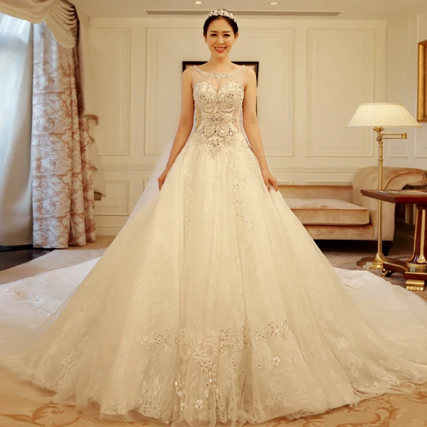 Luxury / Gorgeous Ivory See-through Wedding Dresses 2018 A-Line / Princess Scoop Neck Sleeveless Appliques Lace Beading Crystal Rhinestone Ruffle Royal Train