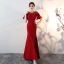 Chic / Belle Bordeaux Transparentes Robe De Soirée 2018 Trompette / Sirène Encolure Dégagée Manches Courtes Appliques En Dentelle Faux Diamant Train De Balayage Dos Nu Robe De Ceremonie