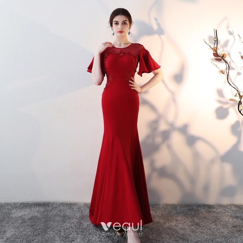 Chic / Beautiful Burgundy See-through Evening Dresses 2018 Trumpet / Mermaid Scoop Neck Short Sleeve Appliques Lace Rhinestone Sweep Train Backless Chic / Beautiful Burgundy See-through Evening Dresses 2018 Trumpet / Mermaid Scoop Neck Short Sleeve Appliques Lace Rhinestone Sweep Train Backless