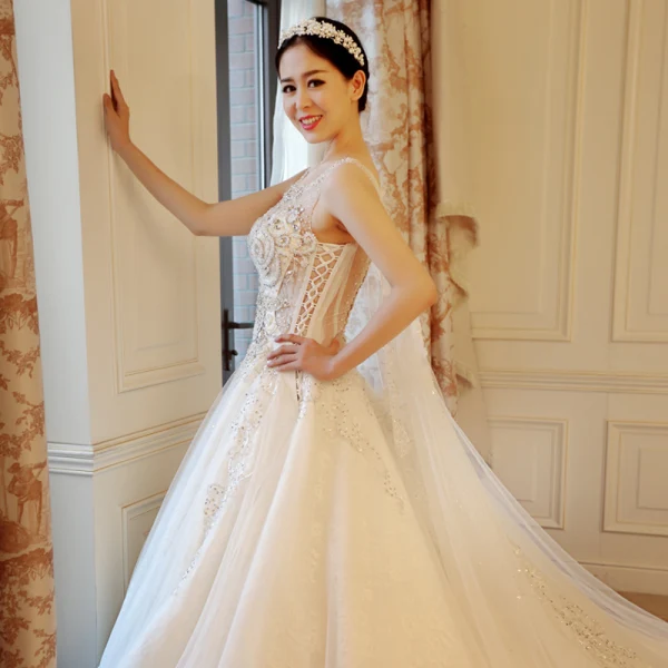 Luxury / Gorgeous Ivory See-through Wedding Dresses 2018 A-Line / Princess Scoop Neck Sleeveless Appliques Lace Beading Crystal Rhinestone Ruffle Royal Train